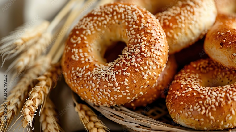 close up sesame bread rings with wheat ears . Generative Ai close up sesame bread rings with wheat ears . Generative Ai