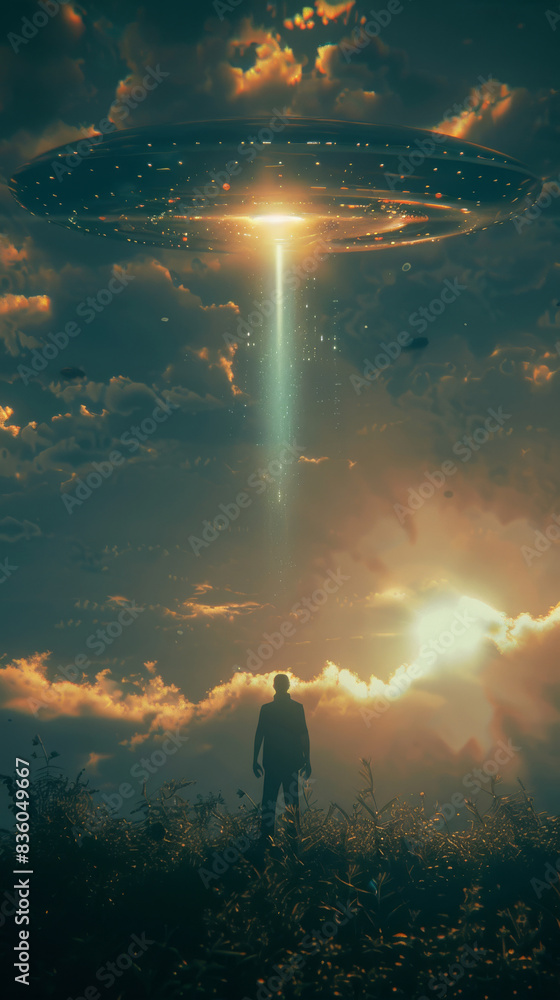Obraz premium A man stands in a field looking up at a UFO