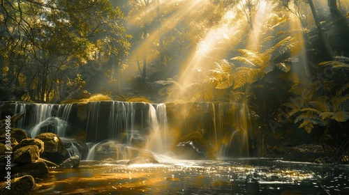 Sunlight filtering through trees onto small forest waterfall