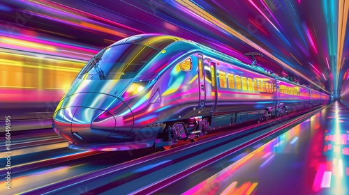 High-speed futuristic train traveling through a tunnel with vibrant neon lights and motion blur, representing advanced technology and rapid transit. Concept of modern transportation, innovation, and u