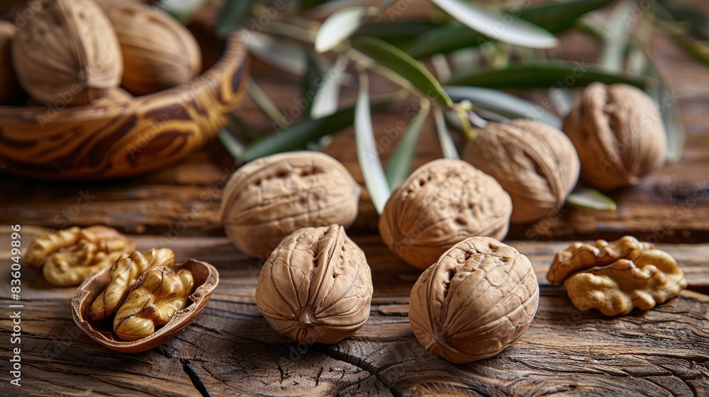 Closeup of Walnuts on wooden background. Walnut kernels on olive tree wooden. Generative Ai Closeup of Walnuts on wooden background. Walnut kernels on olive tree wooden. Generative Ai