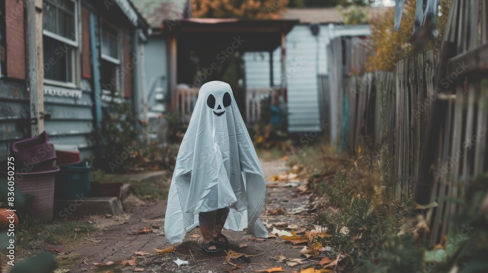 Halloween costume of a child dressed as a ghost standing in an outdoor yard. Concept of kids fashion, Halloween, spooky costumes, festive celebrations Halloween costume of a child dressed as a ghost standing in an outdoor yard. Concept of kids fashion, Halloween, spooky costumes, festive celebrations