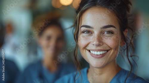 Heartwarming image of a young woman with freckles smiling warmly in a casual setting