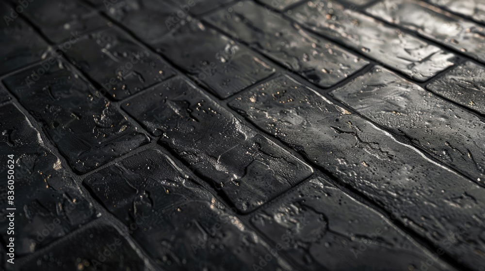 A close-up of black tiles featuring a light brick pattern, giving a textured and rustic appearance