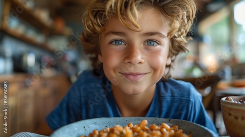 A young boy with expressive blue eyes eagerly eats a bowl of pasta  evoking happy childhood and simple pleasures