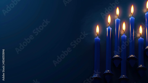 A beautiful image of a menorah with blue candles burning brightly against a dark blue background. photo
