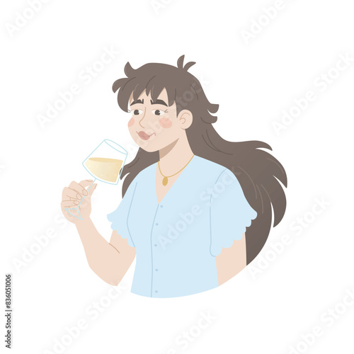 Woman with a glass of wine. Drinking alcohol on weekends or holidays. Character drinks a beverage from a glass