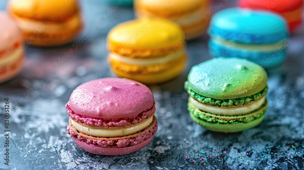 Fototapeta premium Top View Colorful Mini Macaron Background. Generative Ai