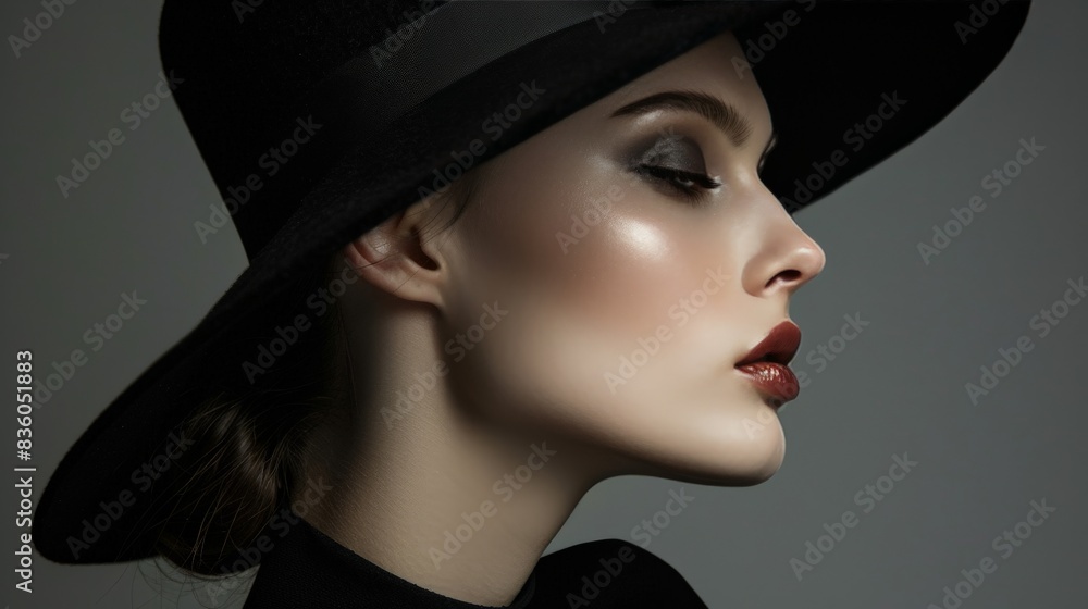 A woman with a black hat and red lipstick A woman with a black hat and red lipstick