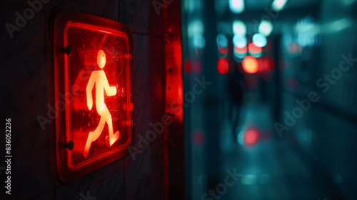 Glowing red pedestrian traffic light sign in a dimly lit urban setting photo