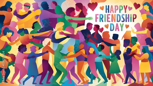 Celebrating Friendship in Vibrant Colors, Silhouettes of People and Love with 'Happy Friendship Day' Text, Joyful Celebration, Bright Festivity