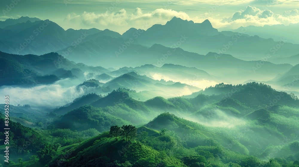Mountains natural beauty shrouded in mist under a sky of green and blue Mountains natural beauty shrouded in mist under a sky of green and blue