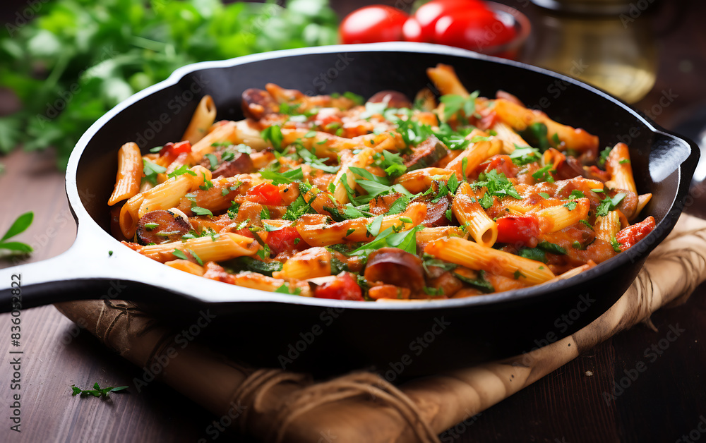 Penne pasta with mushrooms and parmesan cheese in cast iron skillet Penne pasta with mushrooms and parmesan cheese in cast iron skillet