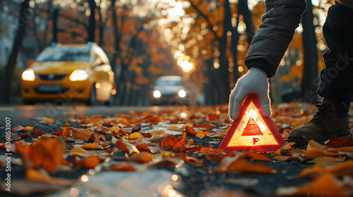 Person placing a triangular warning sign on a leaf-covered road as a car approaches