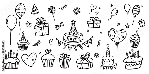 Set of party doodle. Sketch of Birthday decoration, gift box, cake, party hats in sketch style. Hand drawn vector illustration isolated on white background.