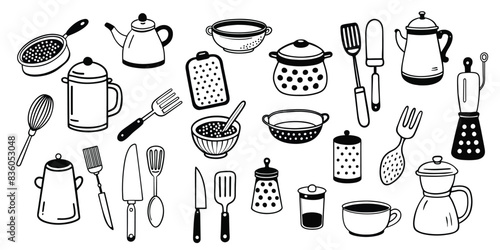 Kitchen utensils set in doodle style. Hand drawn sketches of different cooking tools. Black and white vector objects on isolated background.
