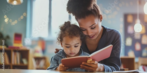 A caring mother reads a book to her attentive young daughter in a classroom, emphasizing the bonds of family, nurturing, learning, and the joy of shared educational moments. photo