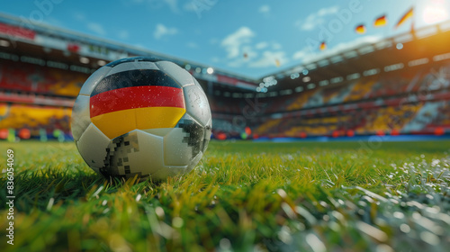 Close up of soccer ball with german flag painted standing on grass of field on stadium. European football championship 2024 in Germany concept. Generative AI photo
