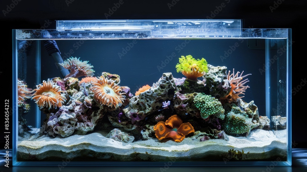 Small aquarium Tabletop ecosystem with genuine decor and clear water containing Marco Rocks reef stones Small aquarium Tabletop ecosystem with genuine decor and clear water containing Marco Rocks reef stones