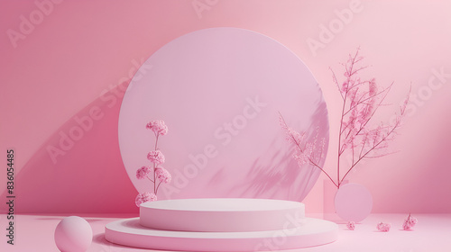 Pink flowers in vase on white table and pink wall background,Podium abstract background. Geometric shape. Pink colors scene. Minimal 3d rendering. Scene with geometrical background  © samar