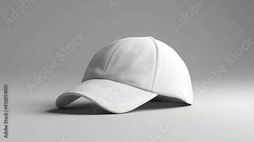 A simple and clean 3D rendering of a white baseball cap. The cap is resting on a solid white background. photo