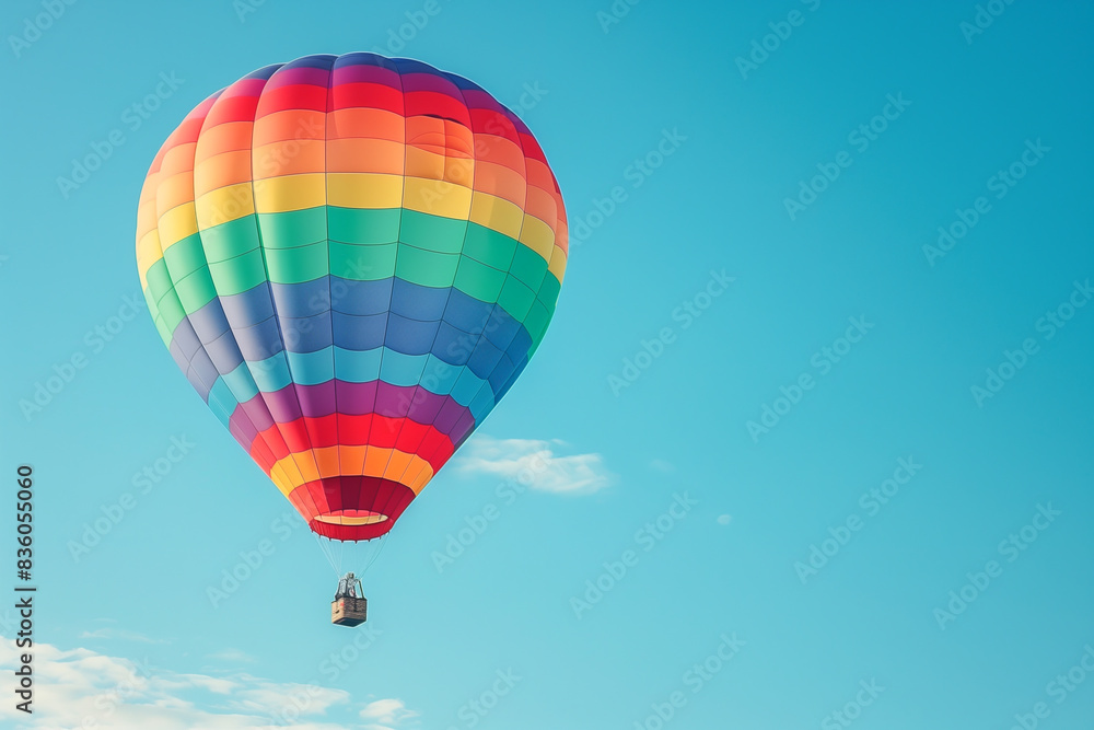 Naklejka premium Single large rainbow-colored hot air balloon soaring in a clear, bright sky, representing support for the LGBTQ+ community during Pride Month