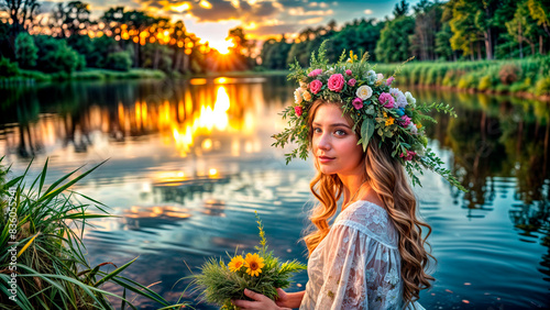 Beautiful woman on the shore of the lake on the day of Ivan Kupala