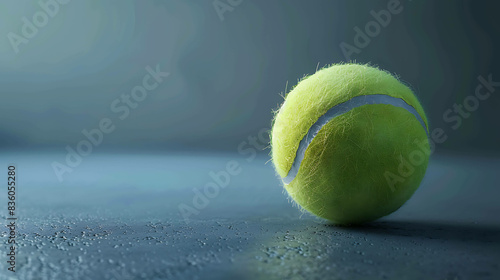 A green tennis ball with a white stripe lies on a wet court. The ball is in focus, with a blurred background. photo