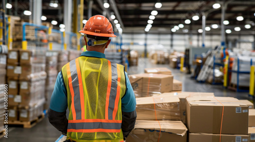 Worker in safety vest and hard hat seen from behind in a warehouse filled with packages