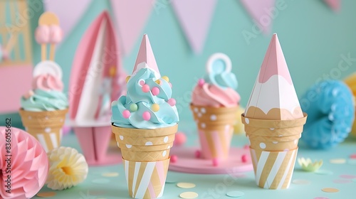 3D rendering of a pastel renkli ice cream. Pink and blue colors. Ice cream with sprinkles on top. Ice cream in a cone. Ice cream on a table. photo