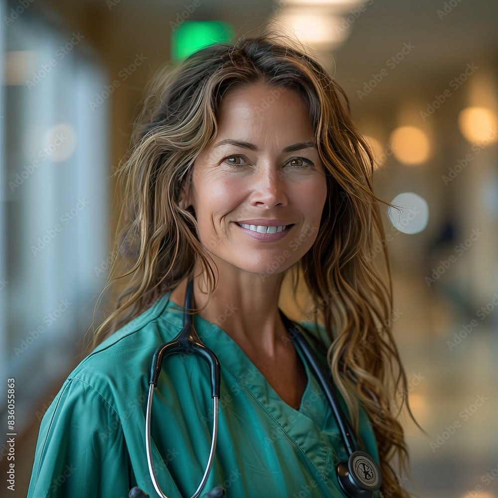 nurse in scrubs, smiling, close up of face, walking down the hallway, bitcoin on stethoscope, generative ai nurse in scrubs, smiling, close up of face, walking down the hallway, bitcoin on stethoscope, generative ai