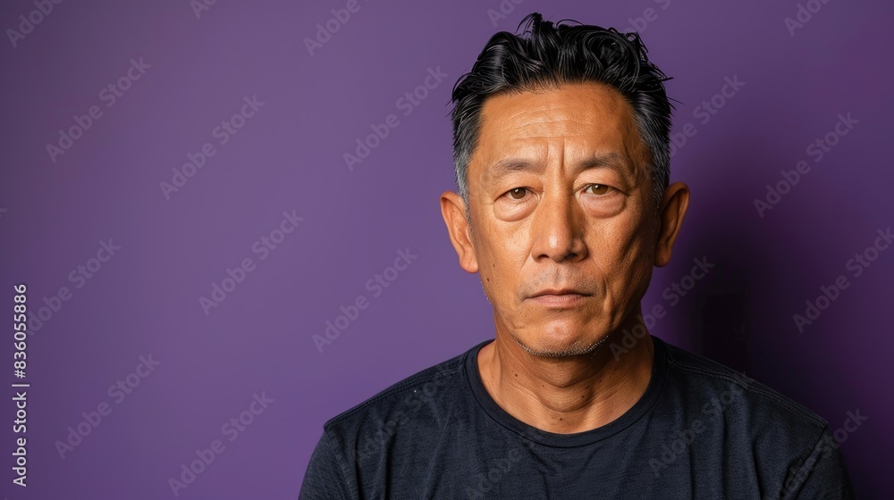 Fototapeta premium Portrait of Asian man in his middle years posing against a purple backdrop