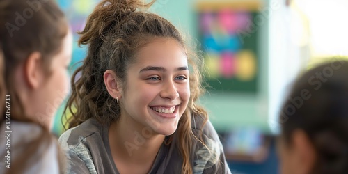 A cheerful teenage girl with curly hair tied in a ponytail is smiling and engaging with others in a classroom setting, conveying joy and camaraderie.