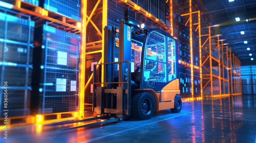Modern forklift in a high-tech warehouse with neon lights, illustrating advanced logistics and automation. Concept of industry, technology, and efficiency.
