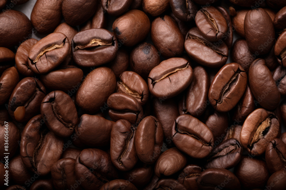 Fototapeta premium Processed collage of dark brown coffee beans texture. Background for banner, backdrop or texture