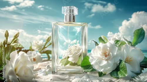 Transparent glass perfume bottle with floral fragrance surrounded by blooming white roses on a serene beach with a bright blue sky and scattered clouds in the background. Concept of luxury  elegance  