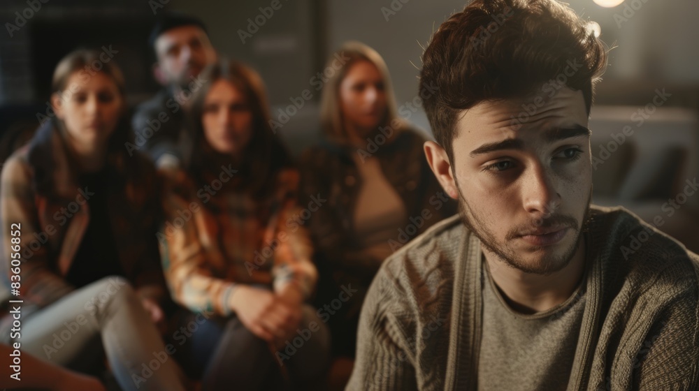 Fototapeta premium Young man in foreground with concerned friends behind