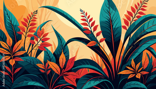 Vector forest graphic, vectorized plant background scenery, green, red, sunrise, sunset, plantation abstract plant background illustration vector graphic