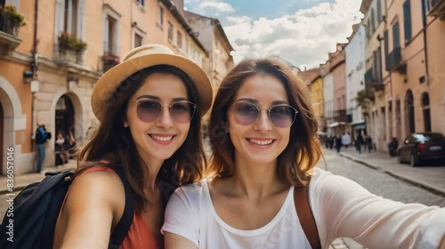 Wallpaper Mural Selfie of two women traveling. Created with Generative AI tools Torontodigital.ca