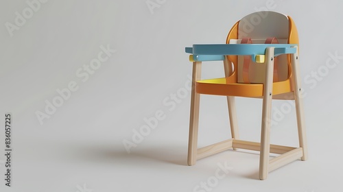 A wooden toy high chair with a colorful tray and a strap  isolated on a clean white surface.