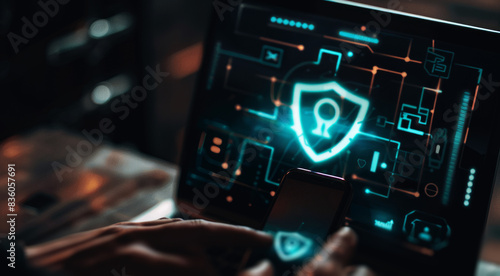 Wallpaper Mural Man using smartphone and laptop with digital shield symbol, Cybersecurity and privacy concepts to protect data. Torontodigital.ca