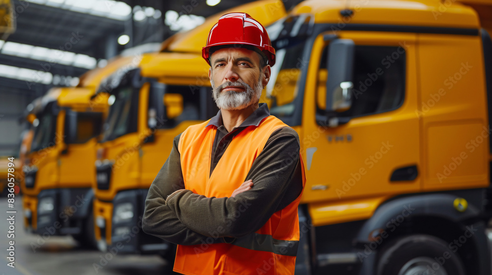 Mature male engineer in hi-vis vest and helmet with arms crossed, commercial vehicles behind Mature male engineer in hi-vis vest and helmet with arms crossed, commercial vehicles behind