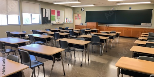 An empty classroom featuring orderly rows of desks and chairs, a chalkboard at the front, and educational posters on the walls, ready for student learning.