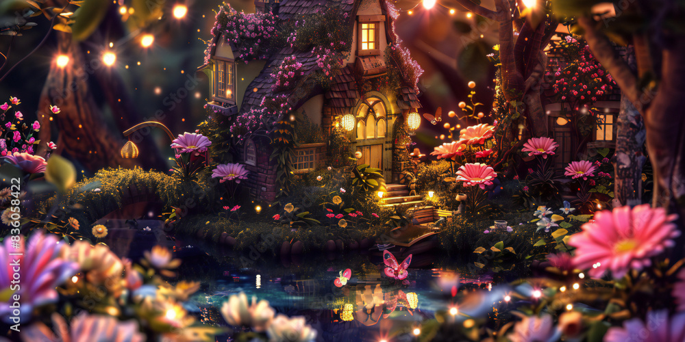 Obraz premium christmas tree lights, 2d background Fairy Garden A whimsical fairy garden with tiny fairy houses, colorful flowers, twinkling lights, and fairies fluttering around a small pond