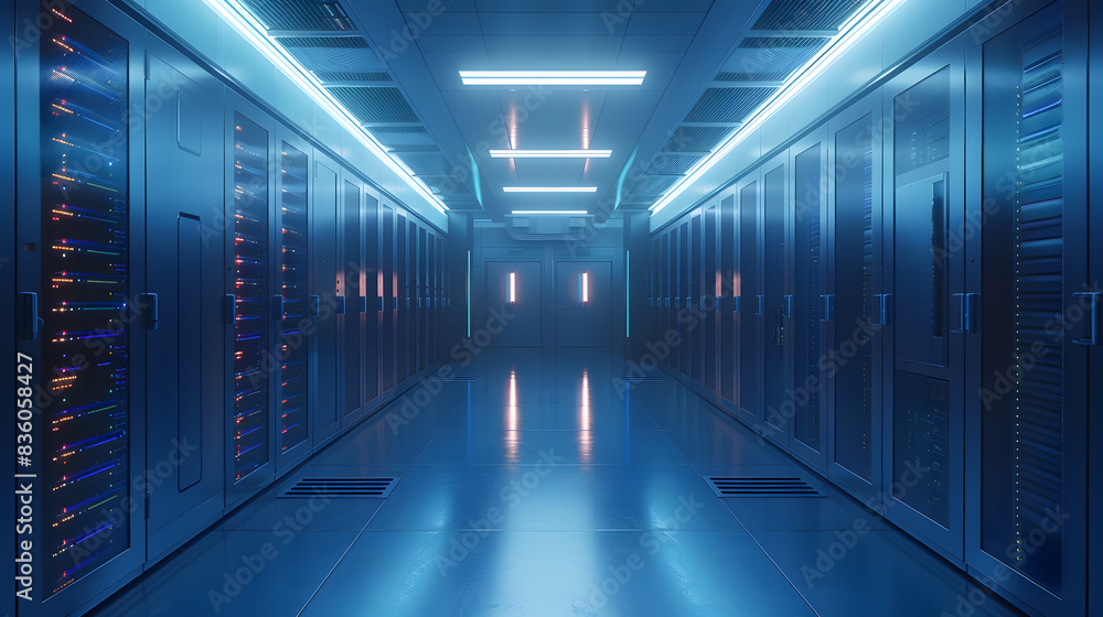 Empty modern server room with large servers Empty modern server room with large servers