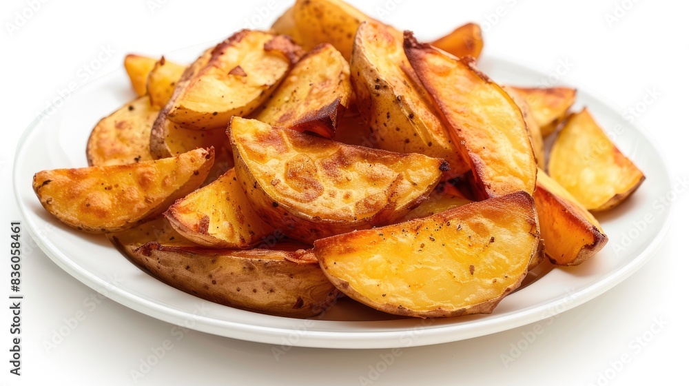 Plate containing fried potato wedges placed against a white background Plate containing fried potato wedges placed against a white background