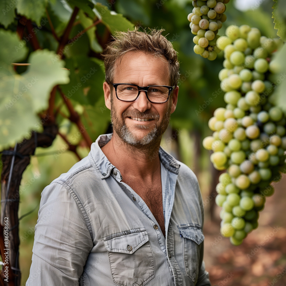 Obraz premium winemaker in the nature next to vine grapes producing vine