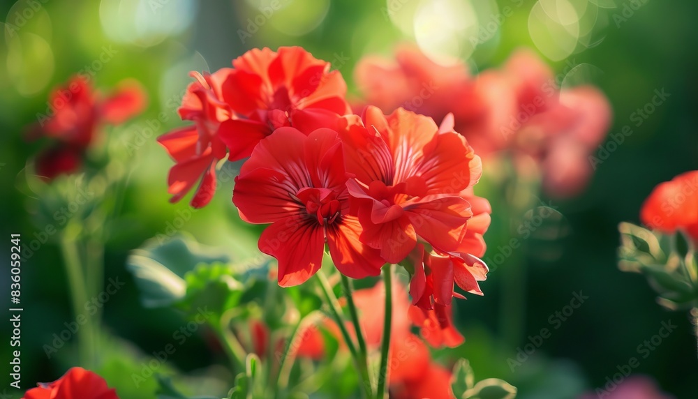 Crimson Elegance: A Stunning Display of Blooming Red Pelargonium in the Garden - High Quality Image Crimson Elegance: A Stunning Display of Blooming Red Pelargonium in the Garden - High Quality Image