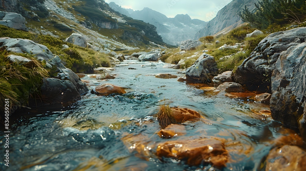 Tranquil Mountain Stream Winding Through Mossy Rocks and Banks in Pristine Wilderness Landscape