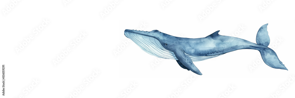 A blue whale on a white background, an empty space for text. 